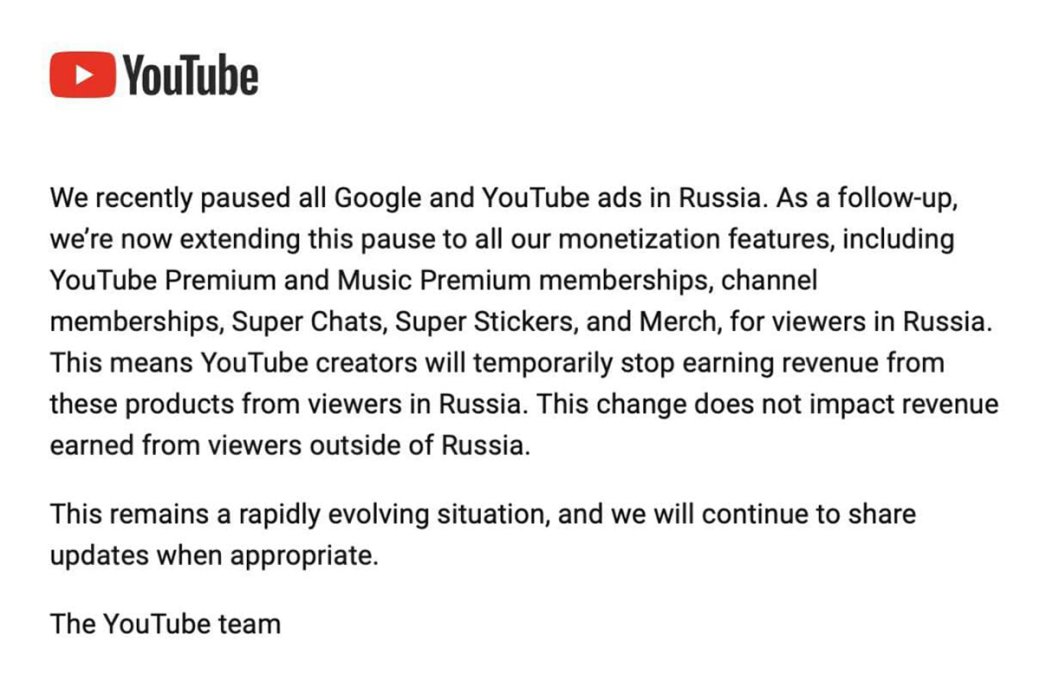 YouTube сообщил о приостановке работы подписки Premium и YouTube Music в России — фото 1