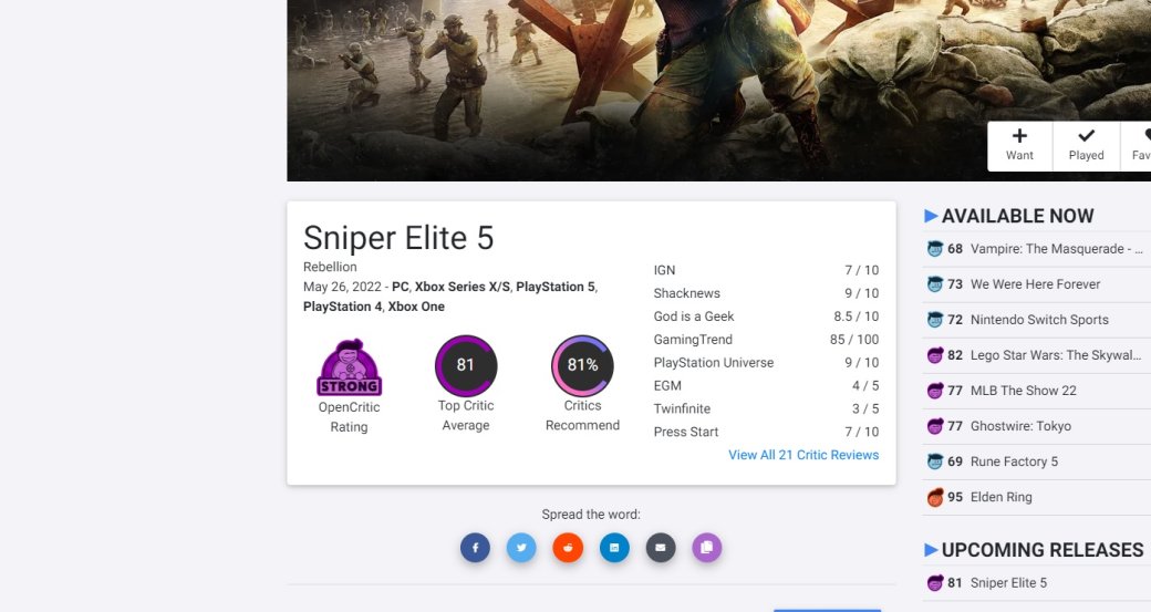 Средняя оценка Sniper Elite 5 на OpenCritic составляет 81 балл из 100 — фото 1