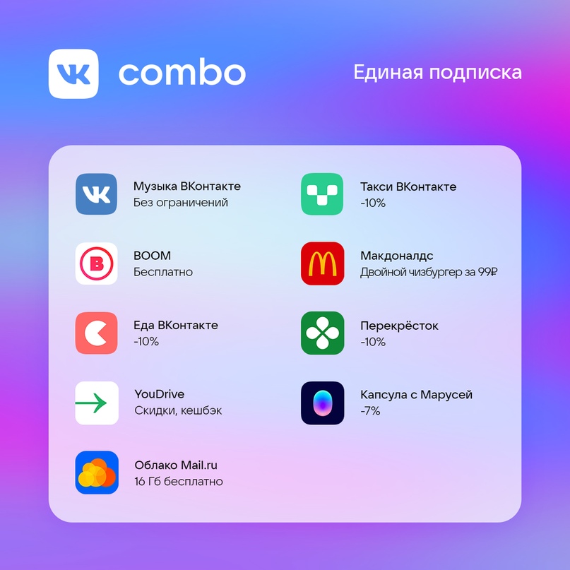 «ВКонтакте» запустила VK Combo — единую подписку на музыку, доставку еды, такси и прочее — фото 1