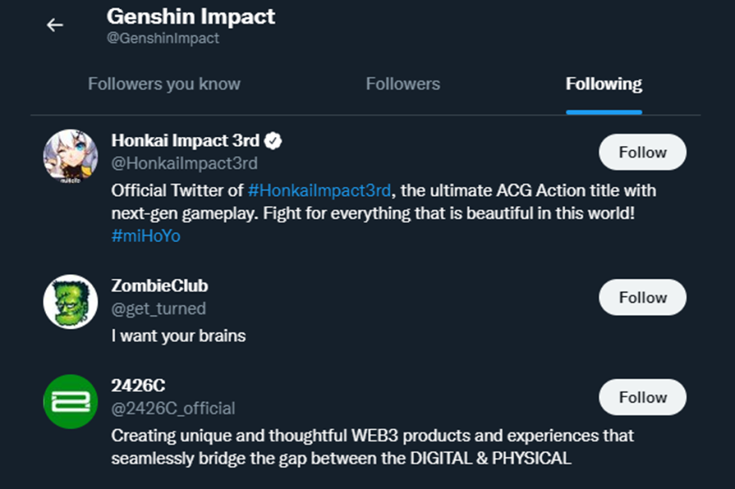 Twitter-аккаунт Genshin Impact отписался от NFT-страниц почти сразу после подписки — фото 1
