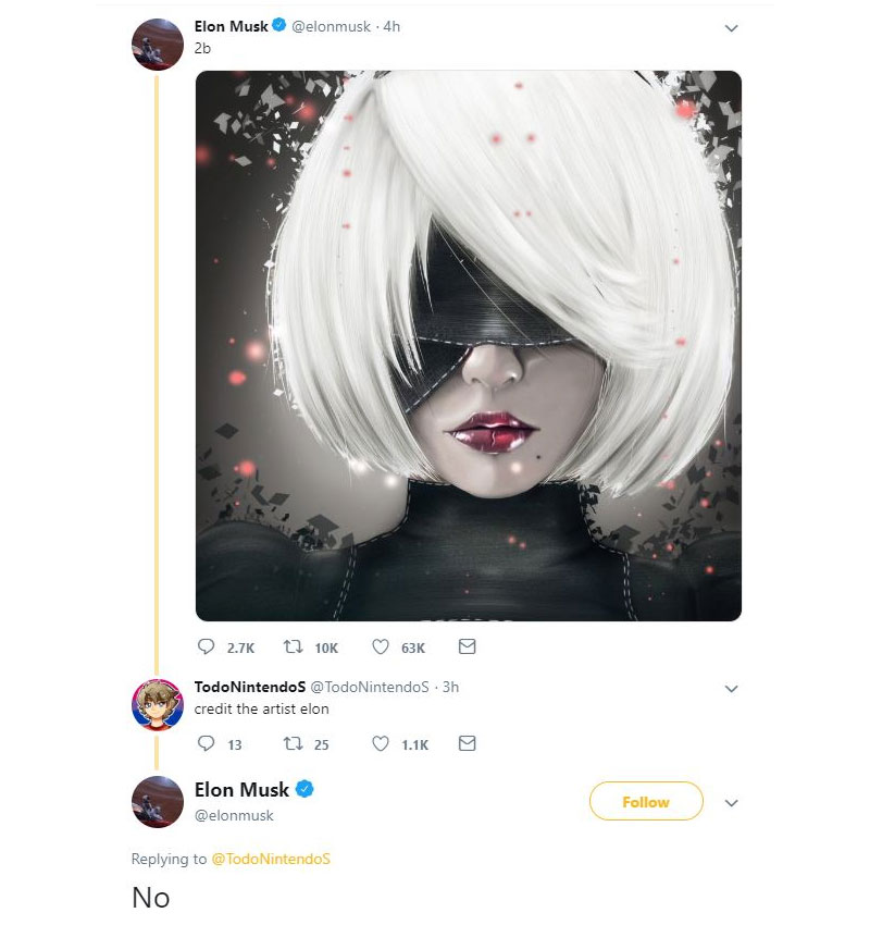 Илон Маск опубликовал фан-арт 2B из NieR: Automata и оказался в центре очередного скандала — фото 2