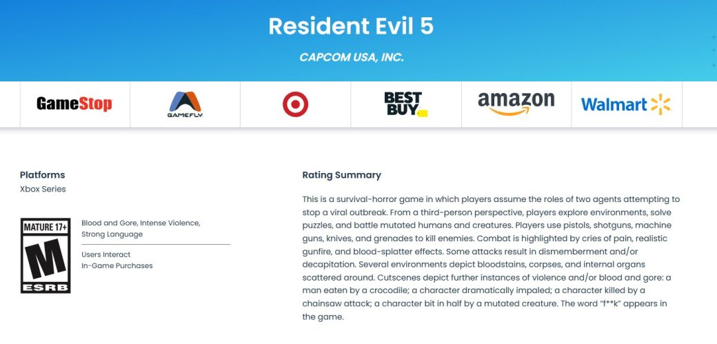 ESRB выдала возрастной рейтинг Resident Evil 5 для Xbox Series X|S — фото 1
